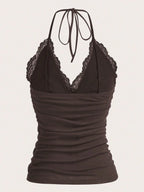ROMWE PUNK Contrast Lace Ruched Halter Top