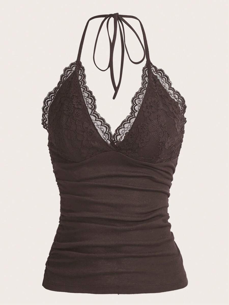 ROMWE PUNK Contrast Lace Ruched Halter Top