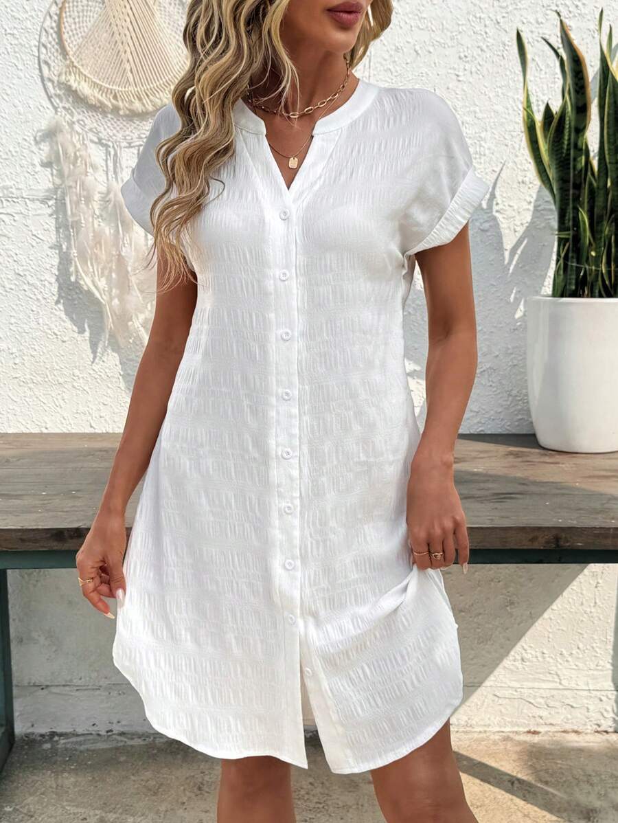 EMERY ROSE Solid Notched Button Front Batwing Sleeve Shirt Dress,Summer Dresses For Women