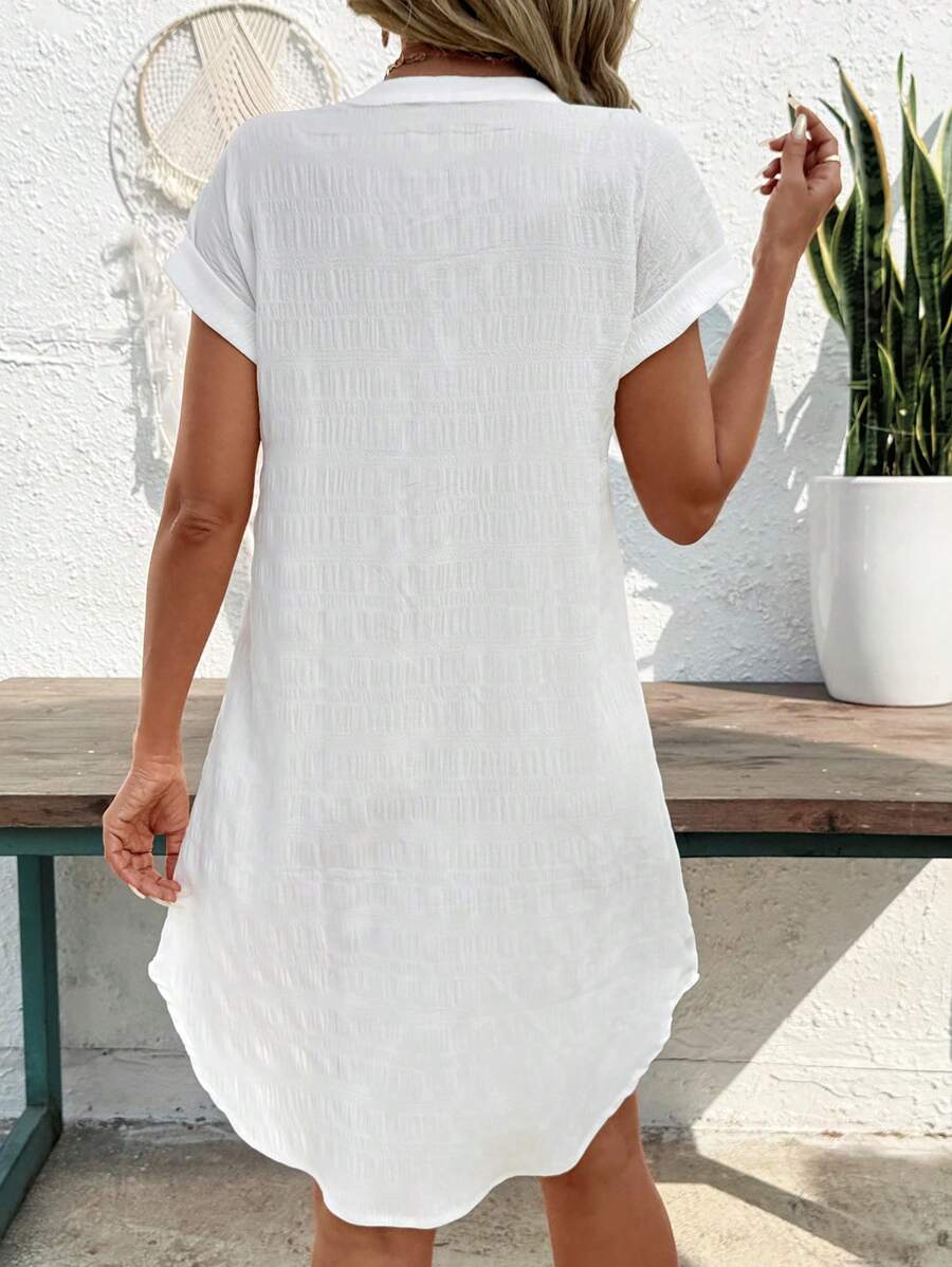 EMERY ROSE Solid Notched Button Front Batwing Sleeve Shirt Dress,Summer Dresses For Women