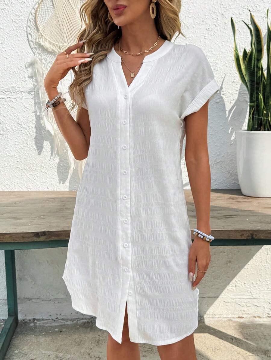 EMERY ROSE Solid Notched Button Front Batwing Sleeve Shirt Dress,Summer Dresses For Women