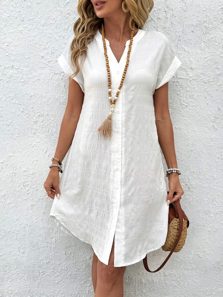 EMERY ROSE Solid Notched Button Front Batwing Sleeve Shirt Dress,Summer Dresses For Women