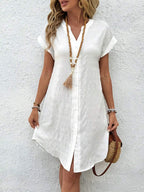 EMERY ROSE Solid Notched Button Front Batwing Sleeve Shirt Dress,Summer Dresses For Women