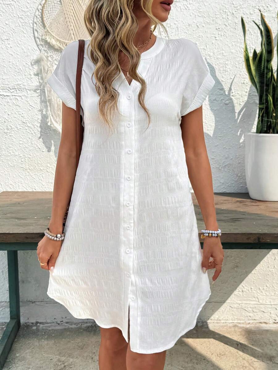 EMERY ROSE Solid Notched Button Front Batwing Sleeve Shirt Dress,Summer Dresses For Women