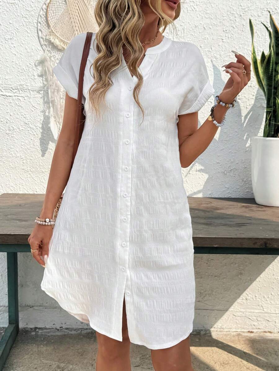 EMERY ROSE Solid Notched Button Front Batwing Sleeve Shirt Dress,Summer Dresses For Women