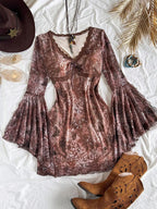 Soleia Vintage Print Butterfly Pattern V-Neck Long Sleeve Asymmetrical Hem Mini Dress, Fashion Fringe Trim Knit Net Fabric Print Dress For Festival,Party & Afternoon Tea