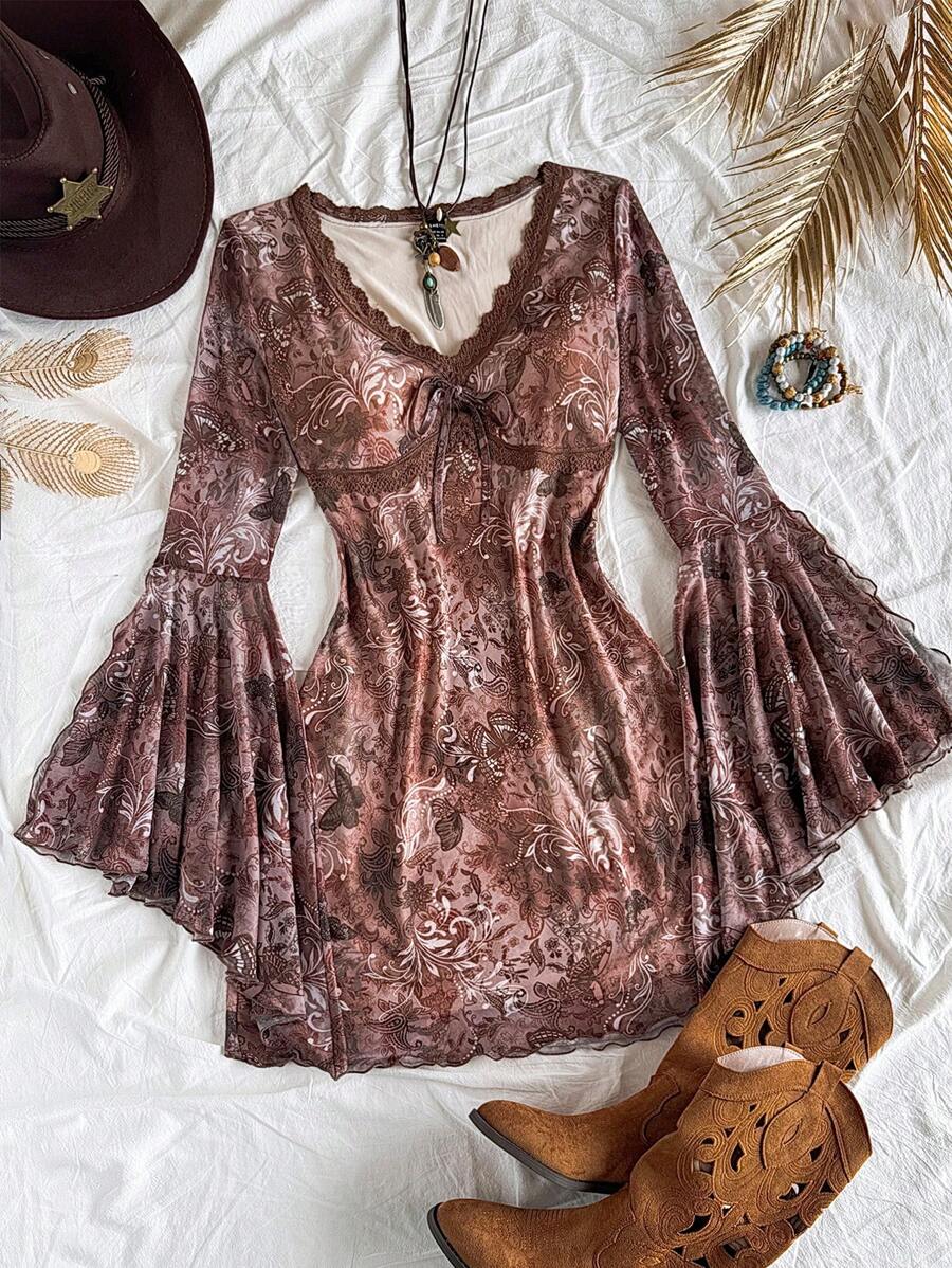 Soleia Vintage Print Butterfly Pattern V-Neck Long Sleeve Asymmetrical Hem Mini Dress, Fashion Fringe Trim Knit Net Fabric Print Dress For Festival,Party & Afternoon Tea