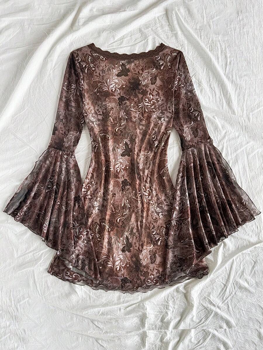 Soleia Vintage Print Butterfly Pattern V-Neck Long Sleeve Asymmetrical Hem Mini Dress, Fashion Fringe Trim Knit Net Fabric Print Dress For Festival,Party & Afternoon Tea
