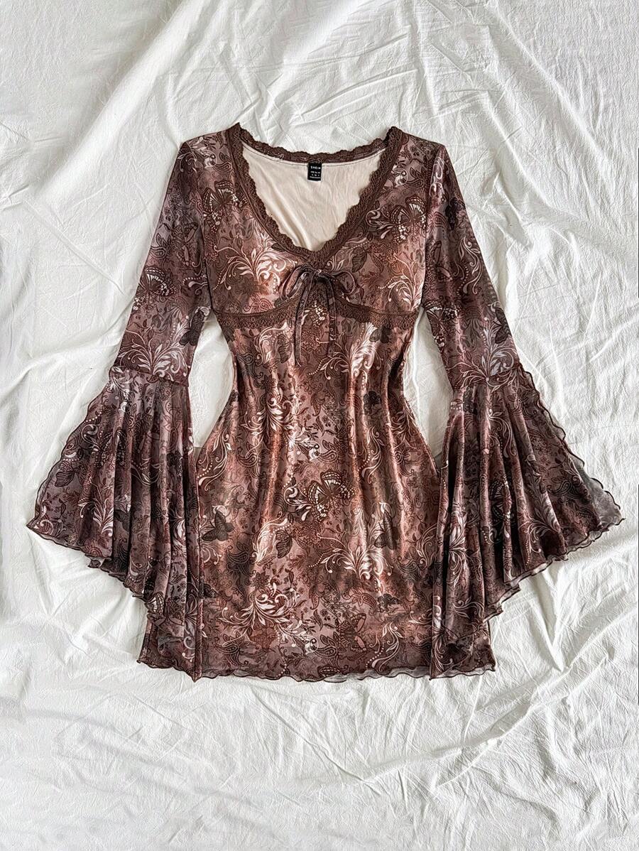 Soleia Vintage Print Butterfly Pattern V-Neck Long Sleeve Asymmetrical Hem Mini Dress, Fashion Fringe Trim Knit Net Fabric Print Dress For Festival,Party & Afternoon Tea
