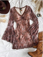 Soleia Vintage Print Butterfly Pattern V-Neck Long Sleeve Asymmetrical Hem Mini Dress, Fashion Fringe Trim Knit Net Fabric Print Dress For Festival,Party & Afternoon Tea