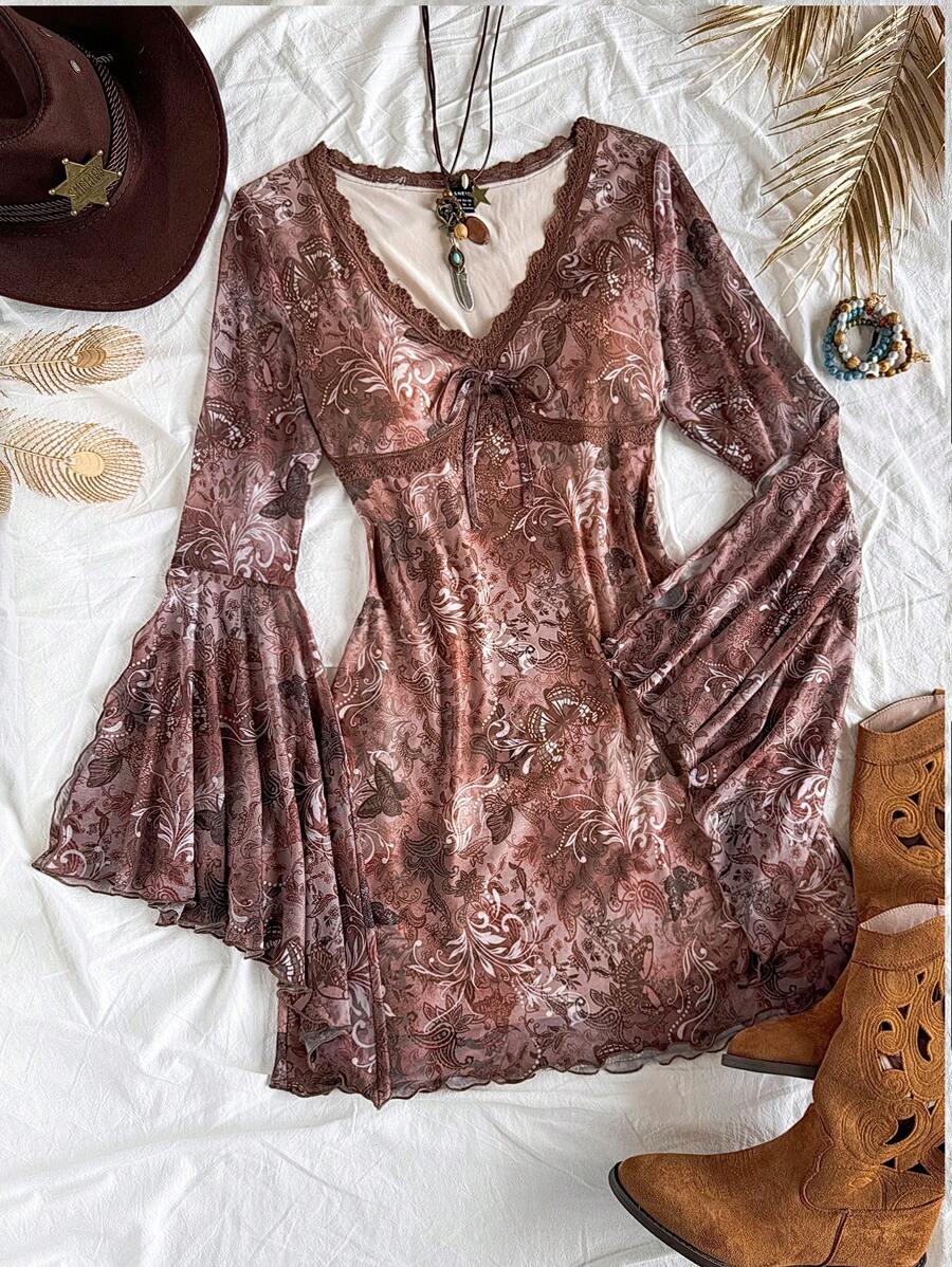 Soleia Vintage Print Butterfly Pattern V-Neck Long Sleeve Asymmetrical Hem Mini Dress, Fashion Fringe Trim Knit Net Fabric Print Dress For Festival,Party & Afternoon Tea