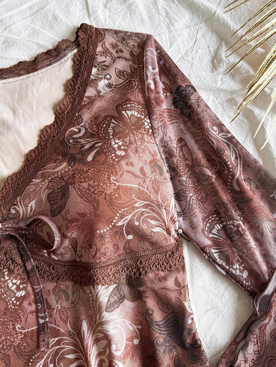 Soleia Vintage Print Butterfly Pattern V-Neck Long Sleeve Asymmetrical Hem Mini Dress, Fashion Fringe Trim Knit Net Fabric Print Dress For Festival,Party & Afternoon Tea
