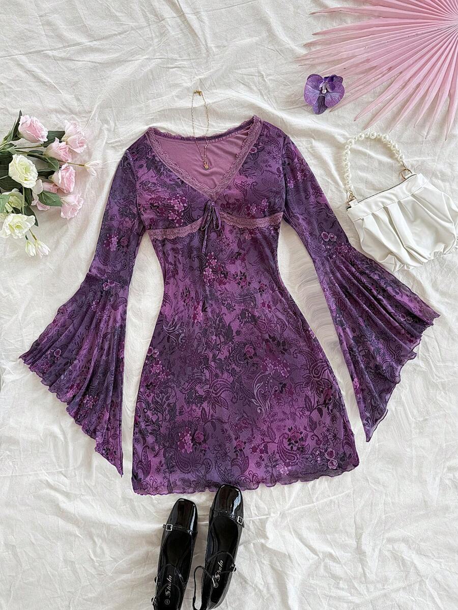 Soleia Vintage Print Butterfly Pattern V-Neck Long Sleeve Asymmetrical Hem Mini Dress, Fashion Fringe Trim Knit Net Fabric Print Dress For Festival,Party & Afternoon Tea