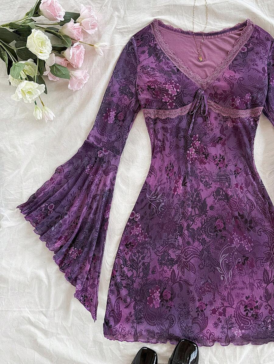 Soleia Vintage Print Butterfly Pattern V-Neck Long Sleeve Asymmetrical Hem Mini Dress, Fashion Fringe Trim Knit Net Fabric Print Dress For Festival,Party & Afternoon Tea