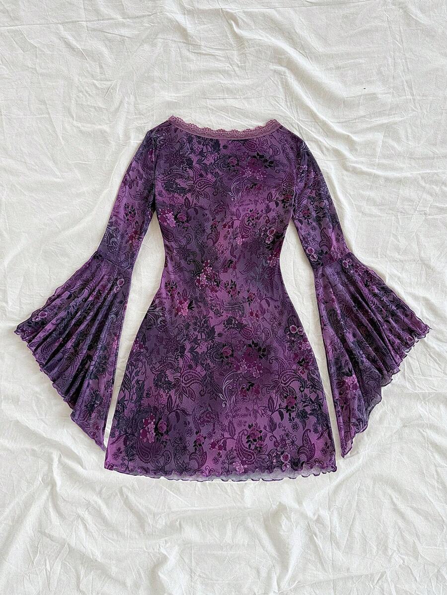 Soleia Vintage Print Butterfly Pattern V-Neck Long Sleeve Asymmetrical Hem Mini Dress, Fashion Fringe Trim Knit Net Fabric Print Dress For Festival,Party & Afternoon Tea