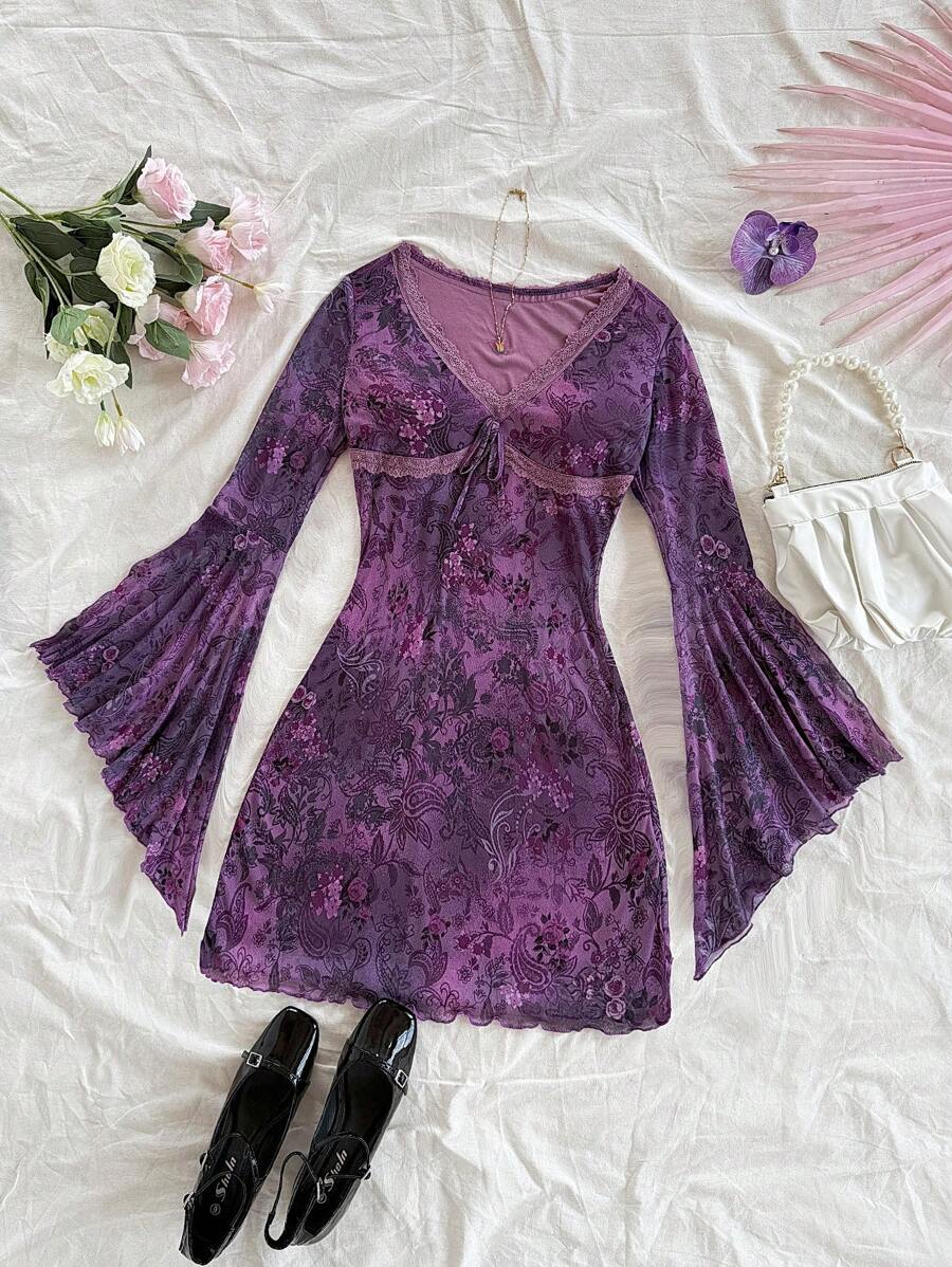 Soleia Vintage Print Butterfly Pattern V-Neck Long Sleeve Asymmetrical Hem Mini Dress, Fashion Fringe Trim Knit Net Fabric Print Dress For Festival,Party & Afternoon Tea