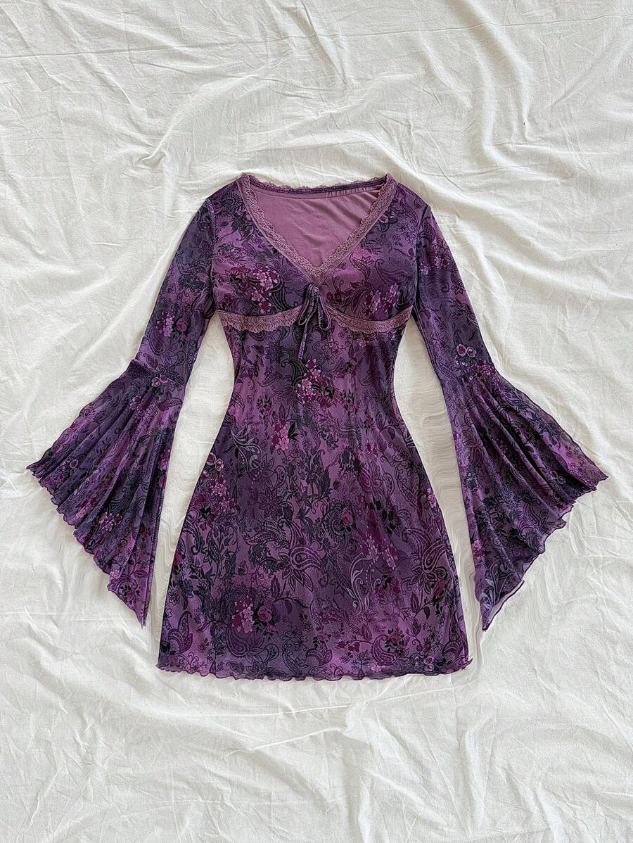 Soleia Vintage Print Butterfly Pattern V-Neck Long Sleeve Asymmetrical Hem Mini Dress, Fashion Fringe Trim Knit Net Fabric Print Dress For Festival,Party & Afternoon Tea
