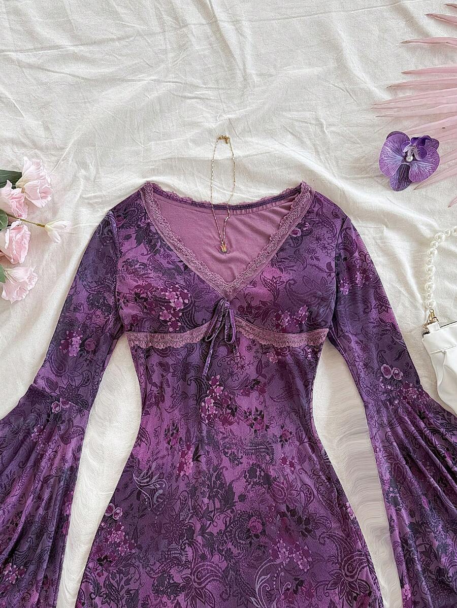 Soleia Vintage Print Butterfly Pattern V-Neck Long Sleeve Asymmetrical Hem Mini Dress, Fashion Fringe Trim Knit Net Fabric Print Dress For Festival,Party & Afternoon Tea