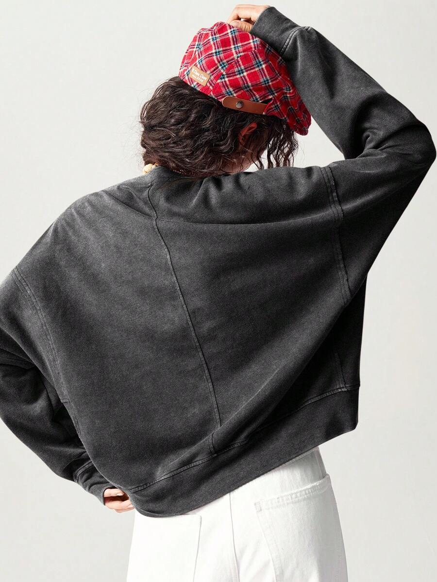 Bohemela Regular Women's Casual Solid Color Embroidery Design Crew Neck Loose Knit Sweatshirt, Long Sleeve In Fall/Winter