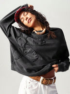Bohemela Regular Women's Casual Solid Color Embroidery Design Crew Neck Loose Knit Sweatshirt, Long Sleeve In Fall/Winter