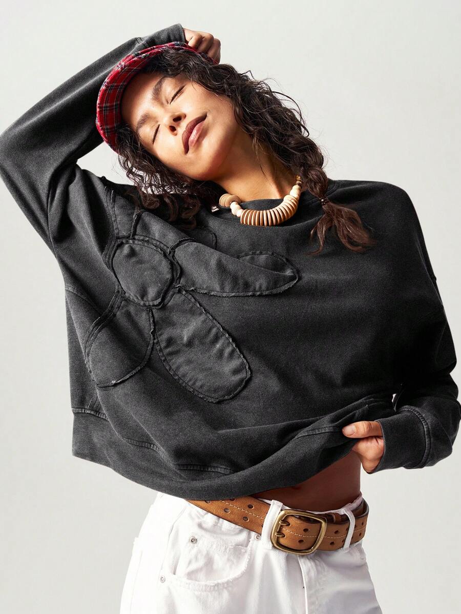 Bohemela Regular Women's Casual Solid Color Embroidery Design Crew Neck Loose Knit Sweatshirt, Long Sleeve In Fall/Winter