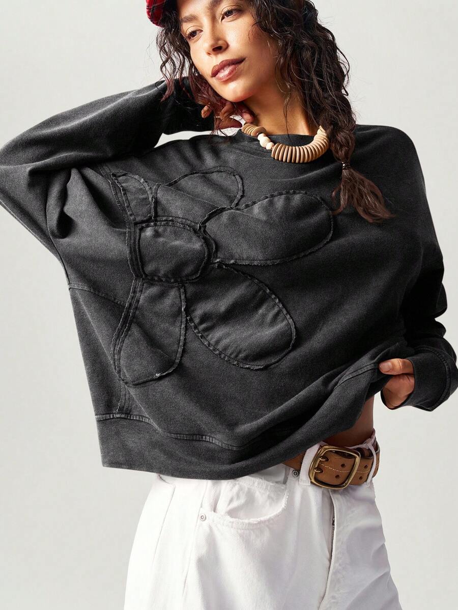 Bohemela Regular Women's Casual Solid Color Embroidery Design Crew Neck Loose Knit Sweatshirt, Long Sleeve In Fall/Winter