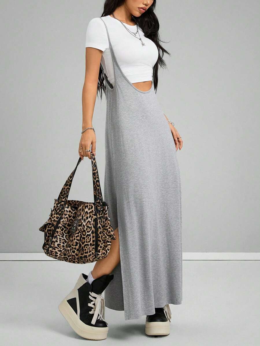 Coolane Women's Spring And Summer Vintage Going Out Date Night Sportswear Athleisure Basic Grey Midi Dress