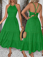 Breezaya Summer Holiday Solid Color Textured Backless Dress For New Year Clothes Maxi Vacation Beach Outfits Women
