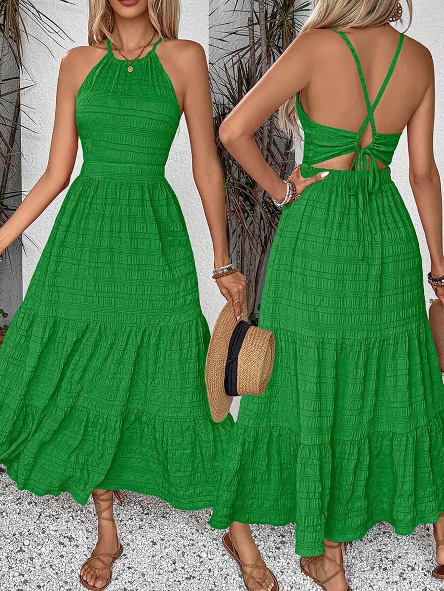 Breezaya Summer Holiday Solid Color Textured Backless Dress For New Year Clothes Maxi Vacation Beach Outfits Women