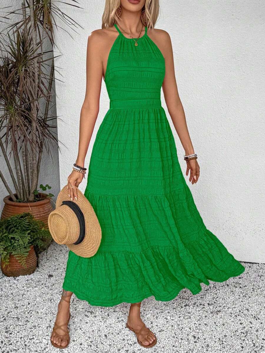 Breezaya Summer Holiday Solid Color Textured Backless Dress For New Year Clothes Maxi Vacation Beach Outfits Women
