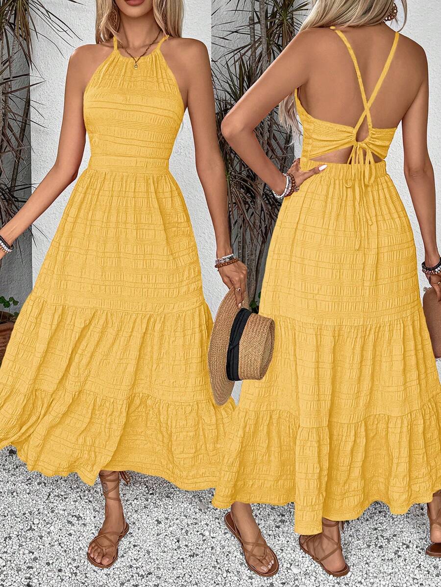 Breezaya Summer Holiday Solid Color Textured Backless Dress For New Year Clothes Maxi Vacation Beach Outfits Women