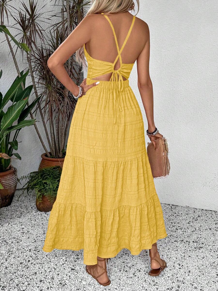 Breezaya Summer Holiday Solid Color Textured Backless Dress For New Year Clothes Maxi Vacation Beach Outfits Women