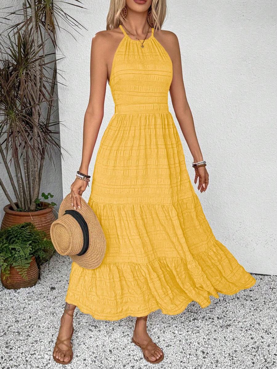 Breezaya Summer Holiday Solid Color Textured Backless Dress For New Year Clothes Maxi Vacation Beach Outfits Women