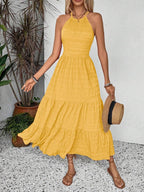 Breezaya Summer Holiday Solid Color Textured Backless Dress For New Year Clothes Maxi Vacation Beach Outfits Women