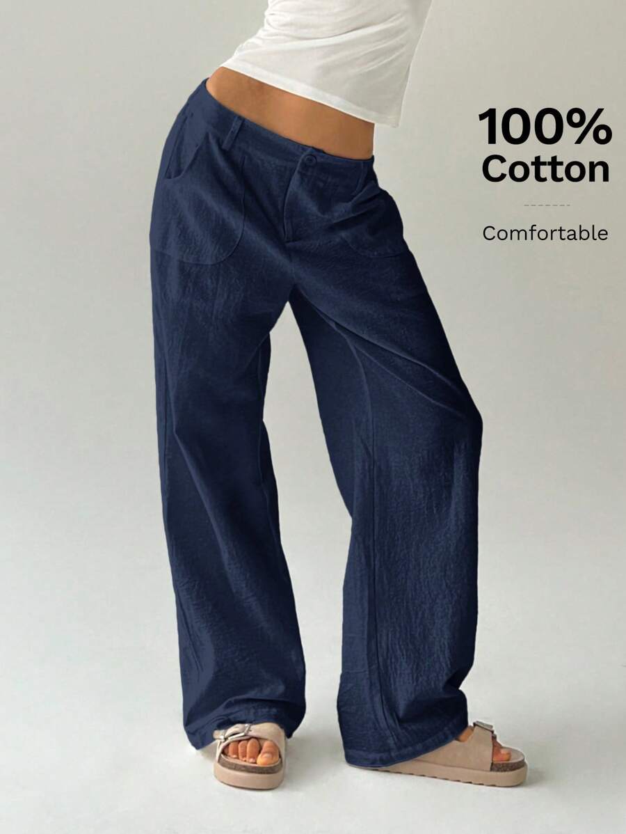 Easelle Women Plain Simple Low Waist Straight Leg Pants,Ladies Spring/Fall Casual Pocket,Zipper Ultra Low Waist Straight Leg Long Black Cotton Loose Women Pants,Casual Daily Wear