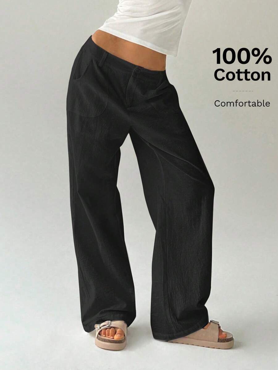 Easelle Women Plain Simple Low Waist Straight Leg Pants,Ladies Spring/Fall Casual Pocket,Zipper Ultra Low Waist Straight Leg Long Black Cotton Loose Women Pants,Casual Daily Wear