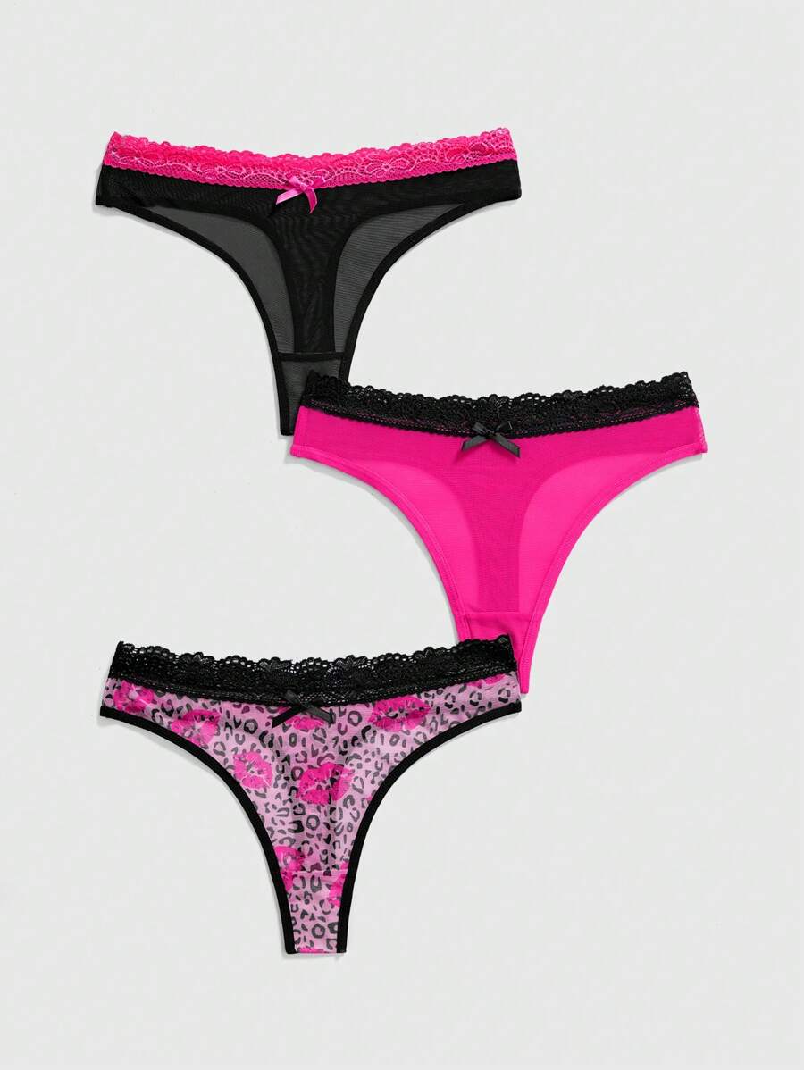 ROMWE J-Fashion 3pcs Y2K Harajuku Leopard Print Mesh & Lace Trim Women Narrow Band Brief Panty Set