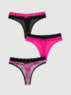 ROMWE J-Fashion 3pcs Y2K Harajuku Leopard Print Mesh & Lace Trim Women Narrow Band Brief Panty Set
