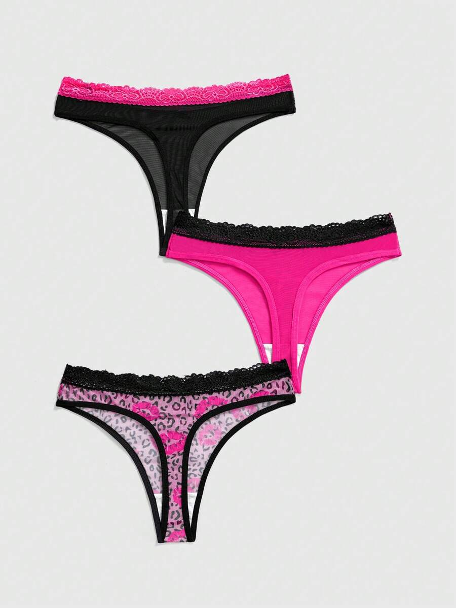 ROMWE J-Fashion 3pcs Y2K Harajuku Leopard Print Mesh & Lace Trim Women Narrow Band Brief Panty Set