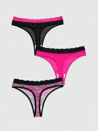 ROMWE J-Fashion 3pcs Y2K Harajuku Leopard Print Mesh & Lace Trim Women Narrow Band Brief Panty Set