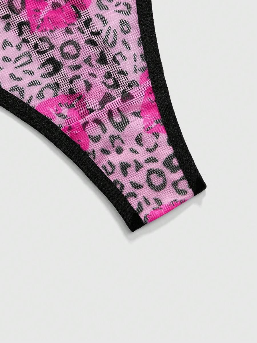 ROMWE J-Fashion 3pcs Y2K Harajuku Leopard Print Mesh & Lace Trim Women Narrow Band Brief Panty Set