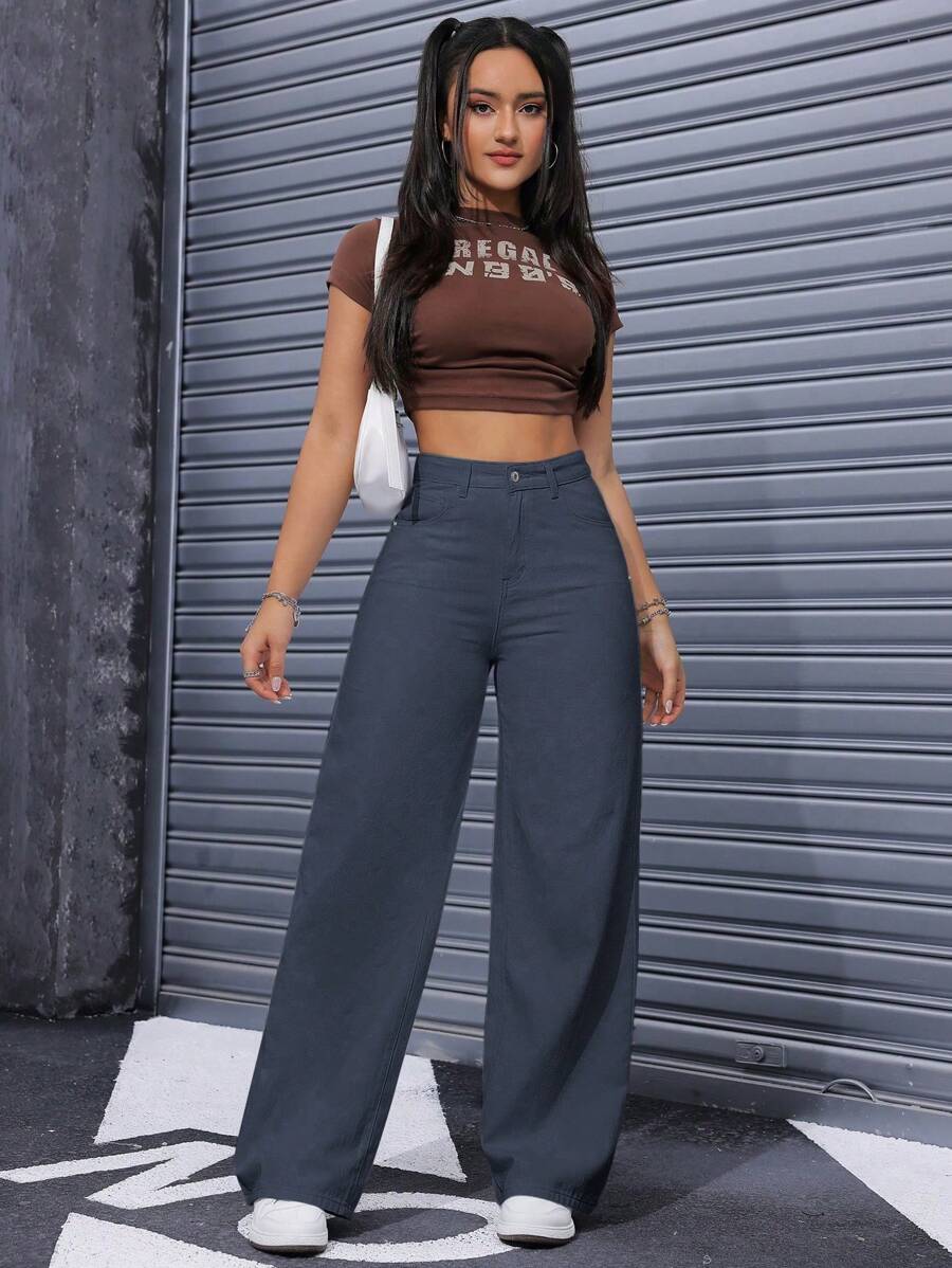 SHEIN ICON Casual Relaxed-Fit High-Waist Straight Leg Denim Jeans