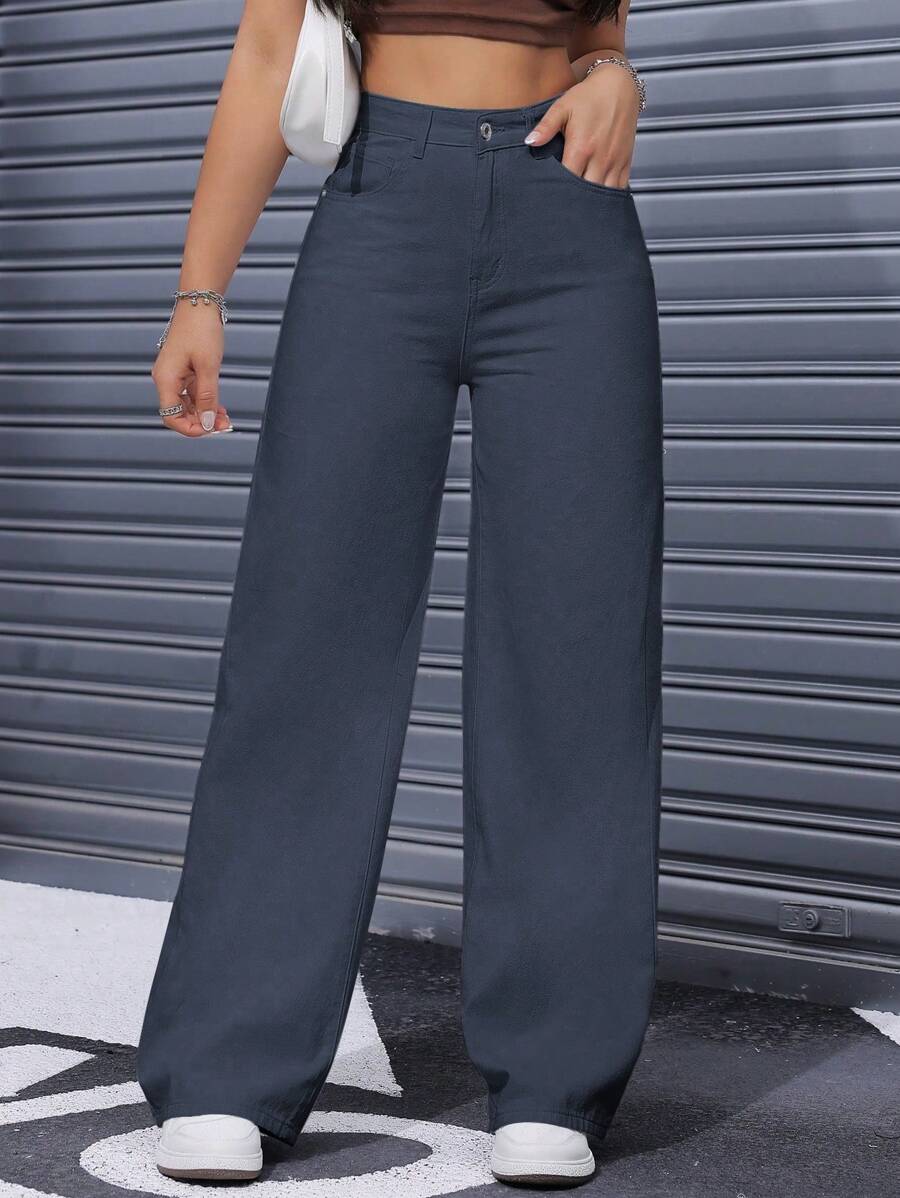 SHEIN ICON Casual Relaxed-Fit High-Waist Straight Leg Denim Jeans