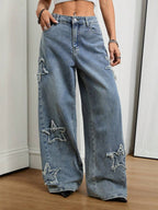 Coolane Women's Winter/All-Season Streetwear  Hippie   Music Festival Party Casual Preppy Vintage Basic Star Patched Washed Comfortable Black Baggy  Jeans
