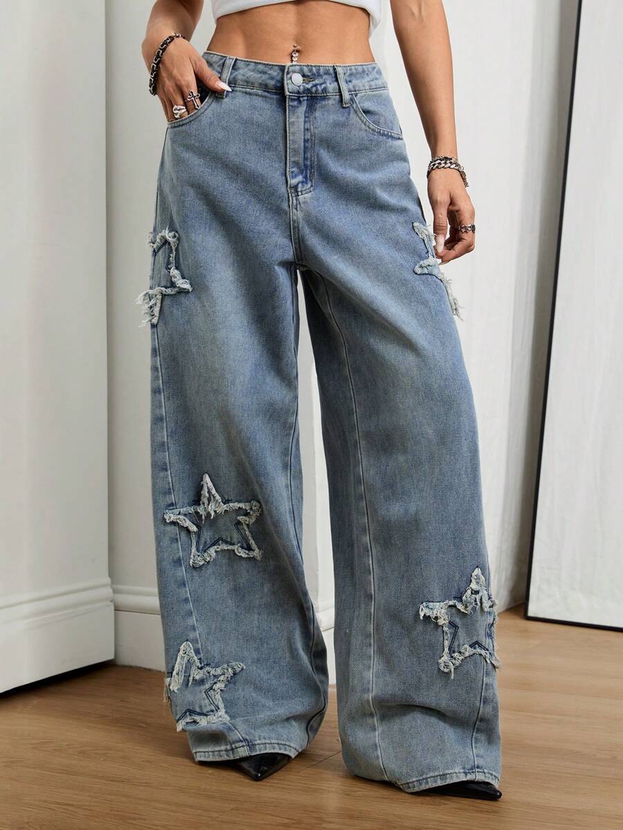 Coolane Women's Winter/All-Season Streetwear  Hippie   Music Festival Party Casual Preppy Vintage Basic Star Patched Washed Comfortable Black Baggy  Jeans
