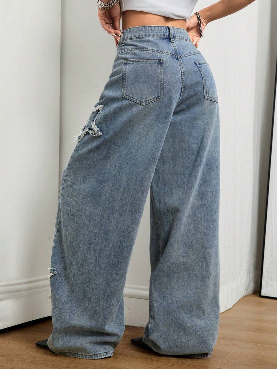 Coolane Women's Winter/All-Season Streetwear  Hippie   Music Festival Party Casual Preppy Vintage Basic Star Patched Washed Comfortable Black Baggy  Jeans