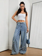 Coolane Women's Winter/All-Season Streetwear  Hippie   Music Festival Party Casual Preppy Vintage Basic Star Patched Washed Comfortable Black Baggy  Jeans