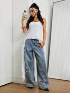 Coolane Women's Winter/All-Season Streetwear  Hippie   Music Festival Party Casual Preppy Vintage Basic Star Patched Washed Comfortable Black Baggy  Jeans