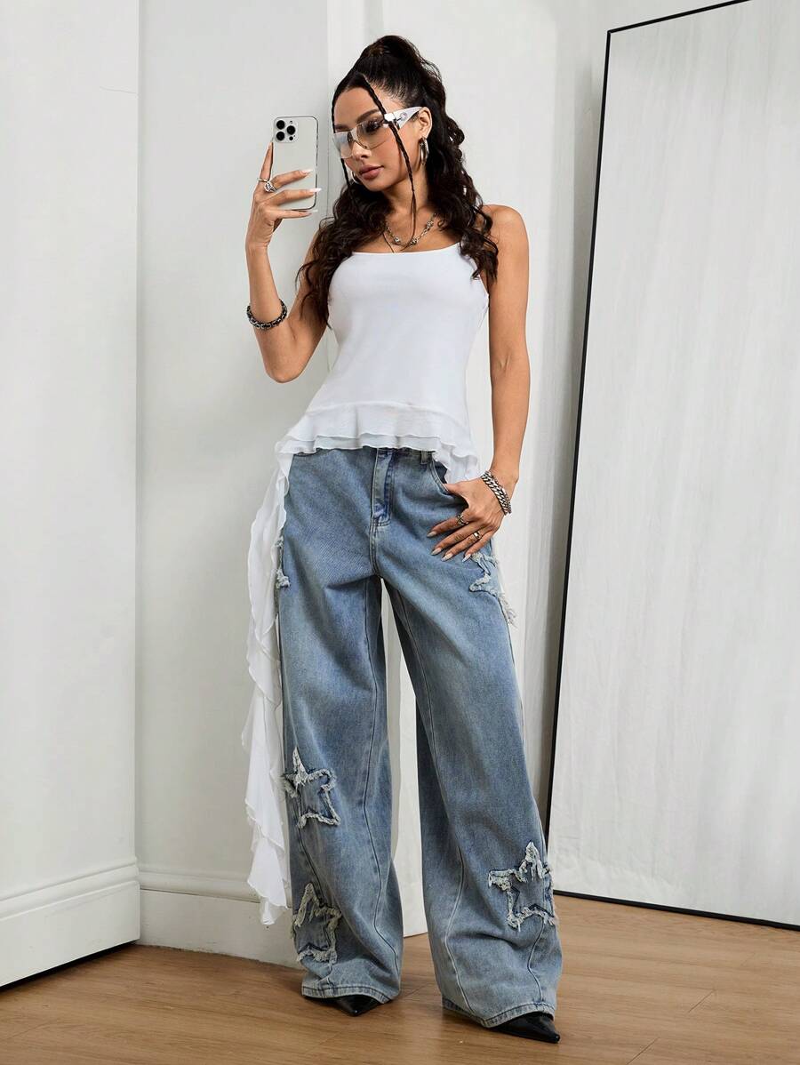 Coolane Women's Winter/All-Season Streetwear  Hippie   Music Festival Party Casual Preppy Vintage Basic Star Patched Washed Comfortable Black Baggy  Jeans