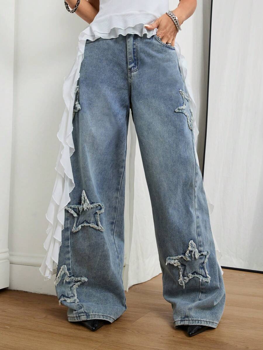 Coolane Women's Winter/All-Season Streetwear  Hippie   Music Festival Party Casual Preppy Vintage Basic Star Patched Washed Comfortable Black Baggy  Jeans